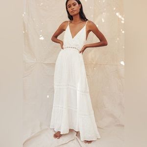 Lulus White Light Breeze White Striped Crochet Lace Tiered Maxi Dress Small